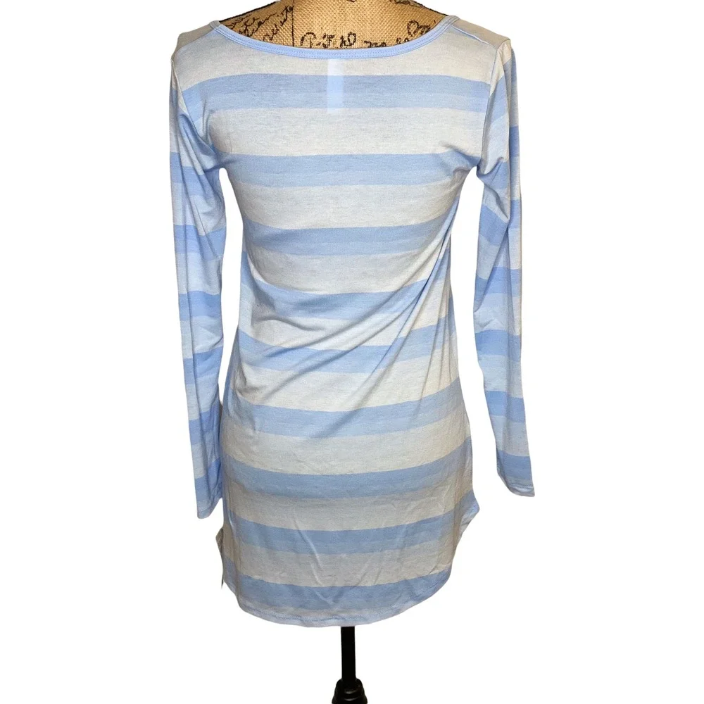 LuLaRoe Womens XXS Blue Striped Long Sleeve Scoop Neck Tunic Top Soft Knit